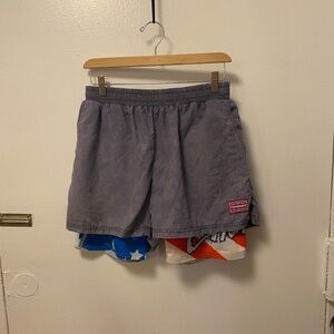 Chubbies Gray Swim Trunks with Blue and Red Accents. Double layer. Size XL.
